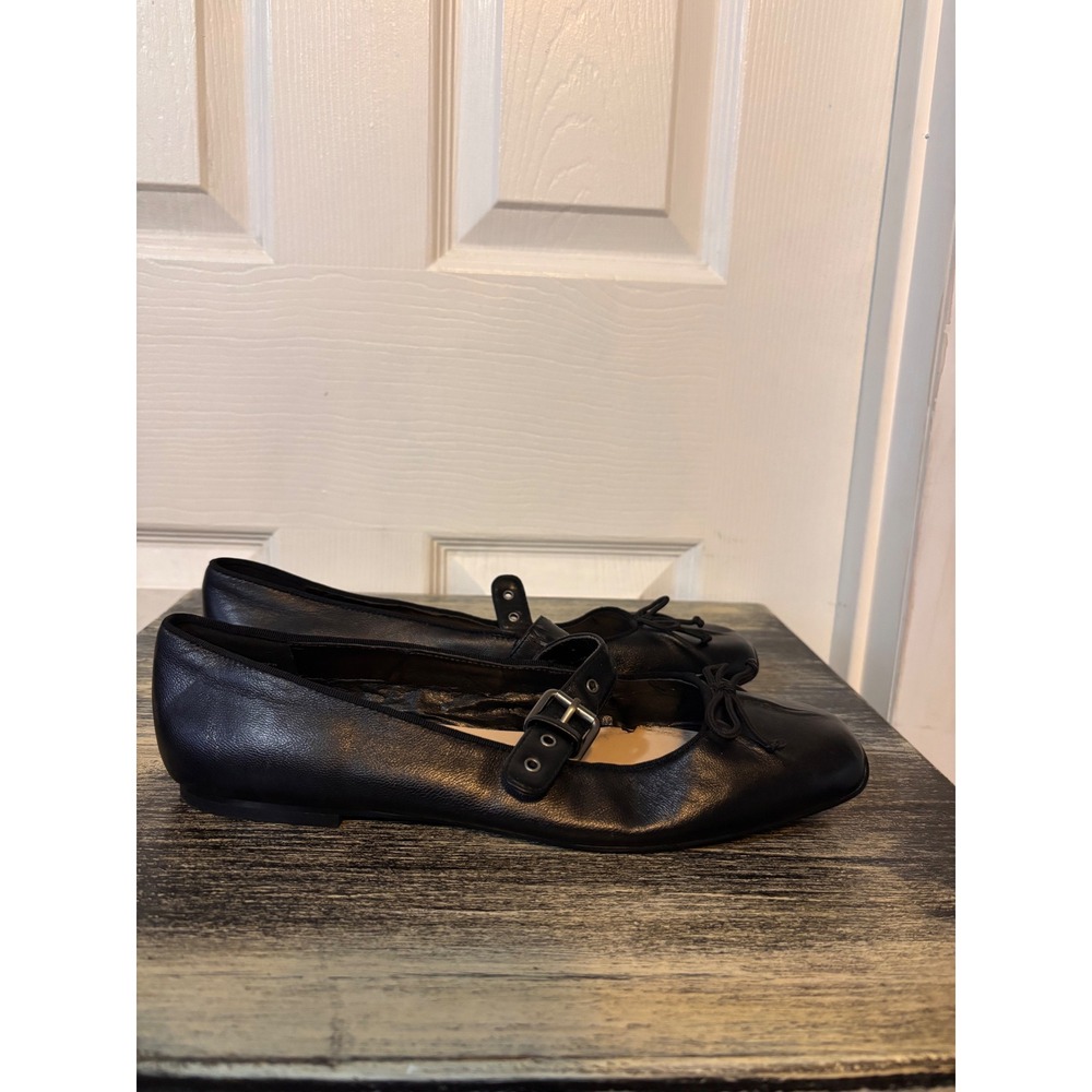 Nine West Black Leather Mary Jane Ballet Flats Square Toe Buckle Bow Size 8.5M